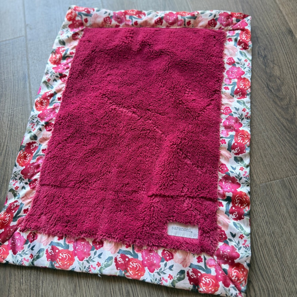 Saranoni Mini Blanket Pink Faux Fur Satin Border Floral Rose Security Lovey